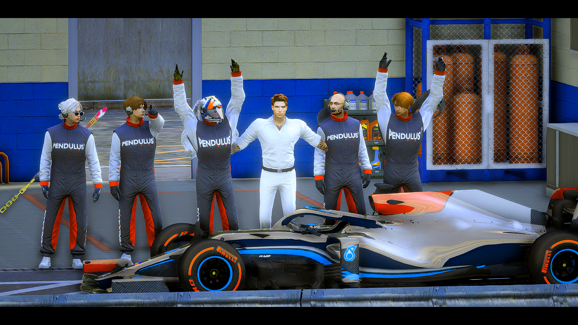 Pendulus racing team gathered with their race car in the garage