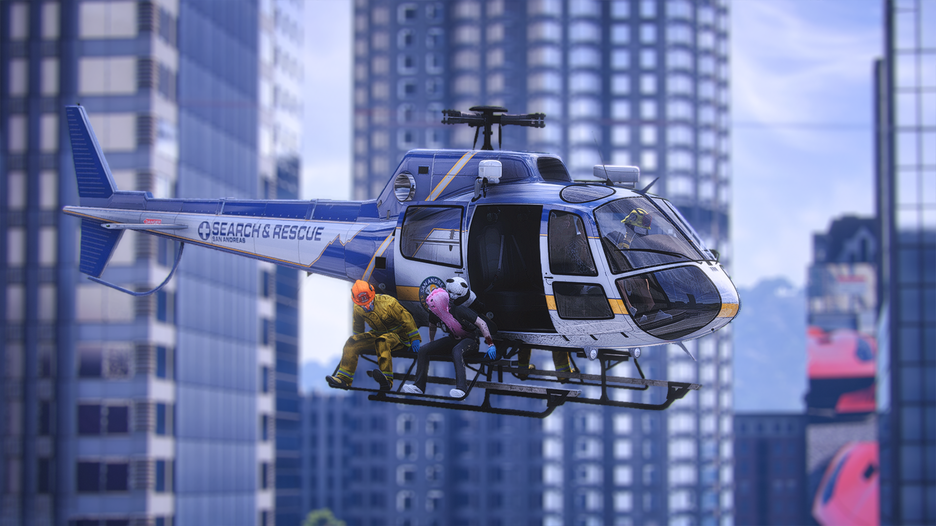 San Andreas search and rescue helicopter in flight